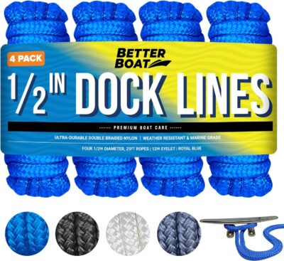 Boat Dock Lines & Rope Boat Ropes for Docking 1/2" Line Braided Mooring Marine Rope 25FT 1/2 Inch Nylon Rope Boat Dock Lines for Docking Boat Lines Boating Rope Braided with Loop Black 2 Pk