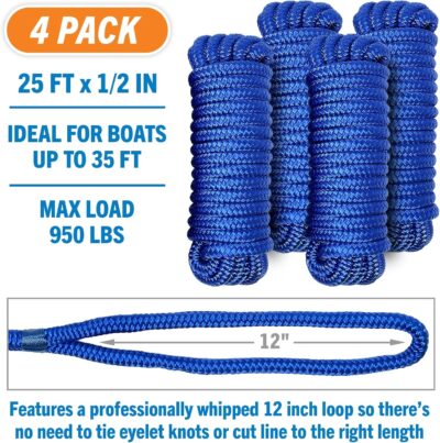 Boat Dock Lines & Rope Boat Ropes for Docking 1/2" Line Braided Mooring Marine Rope 25FT 1/2 Inch Nylon Rope Boat Dock Lines for Docking Boat Lines Boating Rope Braided with Loop Black 2 Pk