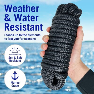 Boat Dock Lines & Rope Boat Ropes for Docking 1/2" Line Braided Mooring Marine Rope 25FT 1/2 Inch Nylon Rope Boat Dock Lines for Docking Boat Lines Boating Rope Braided with Loop Black 2 Pk