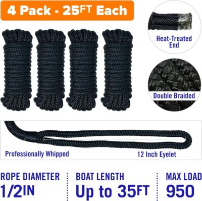 Boat Dock Lines & Rope Boat Ropes for Docking 1/2" Line Braided Mooring Marine Rope 25FT 1/2 Inch Nylon Rope Boat Dock Lines for Docking Boat Lines Boating Rope Braided with Loop Black 2 Pk