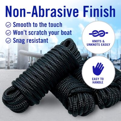 Boat Dock Lines & Rope Boat Ropes for Docking 1/2" Line Braided Mooring Marine Rope 25FT 1/2 Inch Nylon Rope Boat Dock Lines for Docking Boat Lines Boating Rope Braided with Loop Black 2 Pk