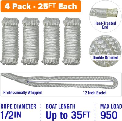 Boat Dock Lines & Rope Boat Ropes for Docking 1/2" Line Braided Mooring Marine Rope 25FT 1/2 Inch Nylon Rope Boat Dock Lines for Docking Boat Lines Boating Rope Braided with Loop Blue 4 Pk