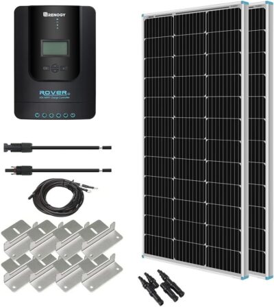 Renogy 200 Watt 12 Volt Monocrystalline Solar Panel Starter Kit with 2 Pcs 100W Solar Panel and 30A PWM Charge Controller for RV, Boats, Trailer, Camper, Marine ,Off-Grid System