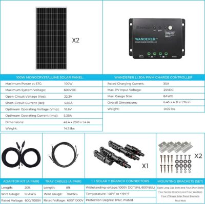 Renogy 200 Watt 12 Volt Monocrystalline Solar Panel Starter Kit with 2 Pcs 100W Solar Panel and 30A PWM Charge Controller for RV, Boats, Trailer, Camper, Marine ,Off-Grid System