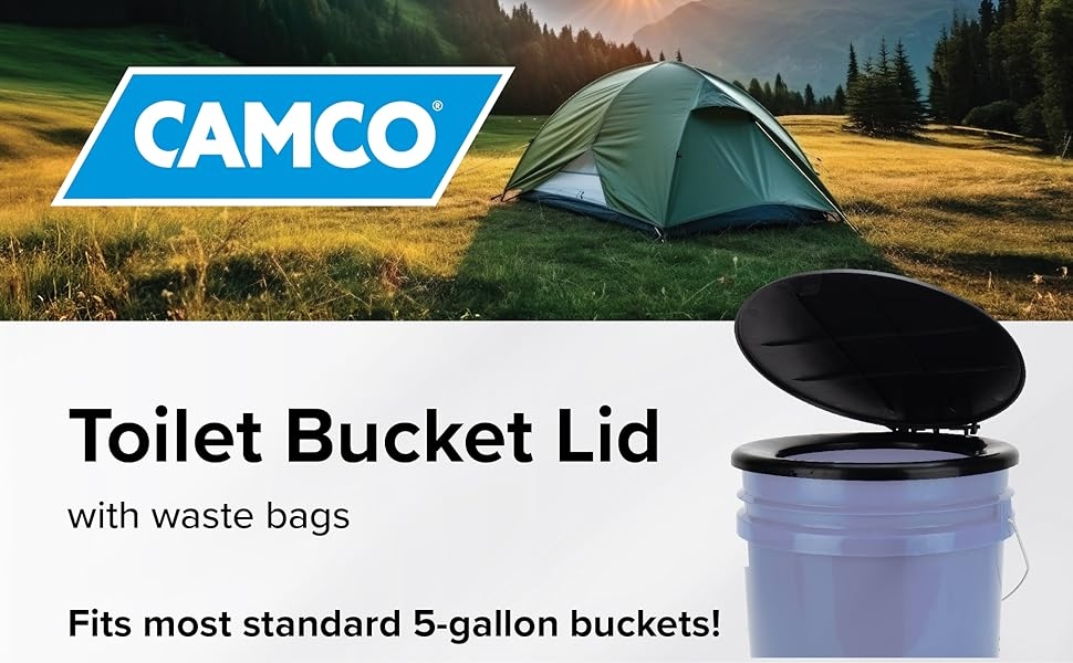 camping accessories;camco;toilet bucket lid;camping toilet; bucket toilet