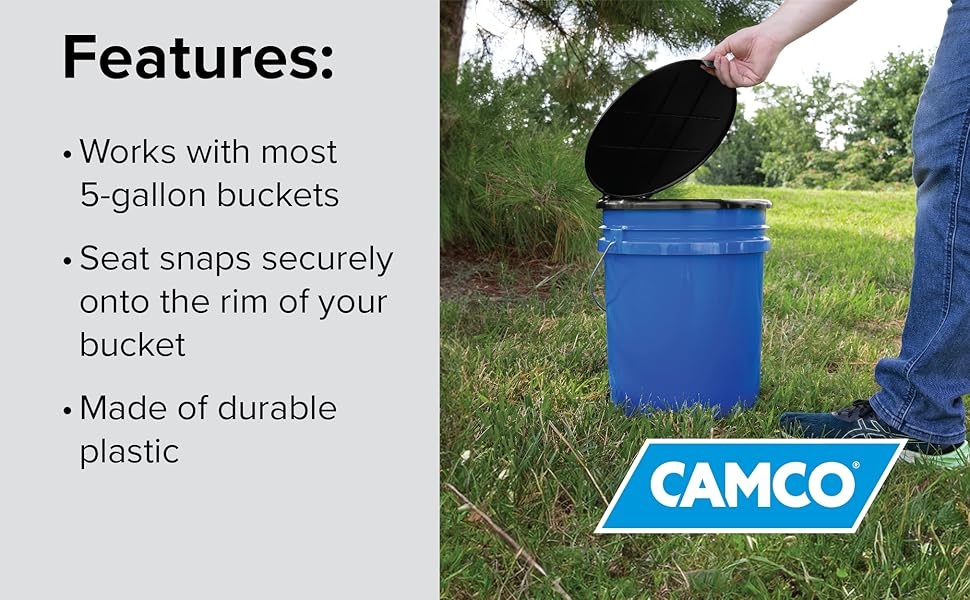 camping accessories;camco;toilet bucket lid;camping toilet; bucket toilet