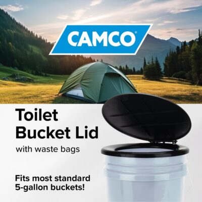 Camco Bucket Toilet Seat with Lid - Converts Standard 5 Gallon Bucket into Portable Toilet for Camping - Convenient Camping Toilet for Hunting & More - Includes 3 RV Toilet Waste Bags (41546)