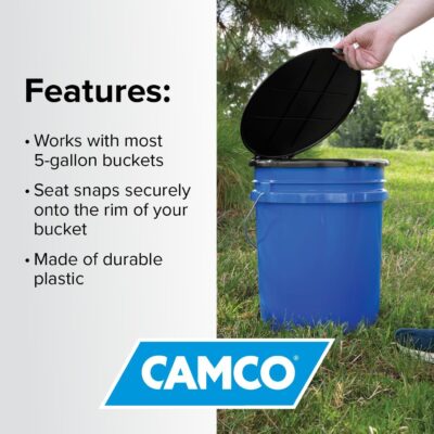 Camco Bucket Toilet Seat with Lid - Converts Standard 5 Gallon Bucket into Portable Toilet for Camping - Convenient Camping Toilet for Hunting & More - Includes 3 RV Toilet Waste Bags (41546)