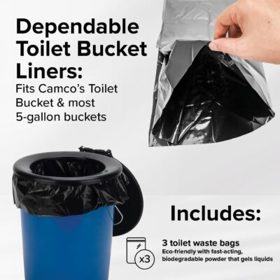 Camco Bucket Toilet Seat with Lid - Converts Standard 5 Gallon Bucket into Portable Toilet for Camping - Convenient Camping Toilet for Hunting & More - Includes 3 RV Toilet Waste Bags (41546)