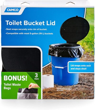 Camco Bucket Toilet Seat with Lid - Converts Standard 5 Gallon Bucket into Portable Toilet for Camping - Convenient Camping Toilet for Hunting & More - Includes 3 RV Toilet Waste Bags (41546)