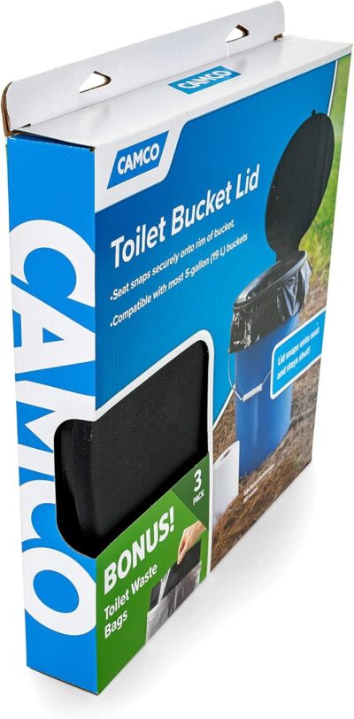 Camco Bucket Toilet Seat with Lid - Converts Standard 5 Gallon Bucket into Portable Toilet for Camping - Convenient Camping Toilet for Hunting & More - Includes 3 RV Toilet Waste Bags (41546)