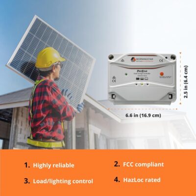 Morningstar Prostar 30A PWM Solar Charge Controller w/ Meter (PS-30M) - Solar Panel Regulator, Supports 12V/24V LA/Lithium Batteries, LVD/Lighting Ctrl, HazLoc Rated, Low Noise - Designed in The USA